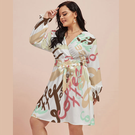 All-Over Print Women's V-neck Dress With Waistband(Plus Size)