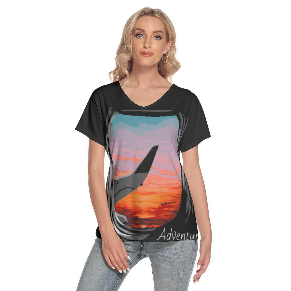 All-Over Print Women's Loose V-neck Short Sleeve T-shirt