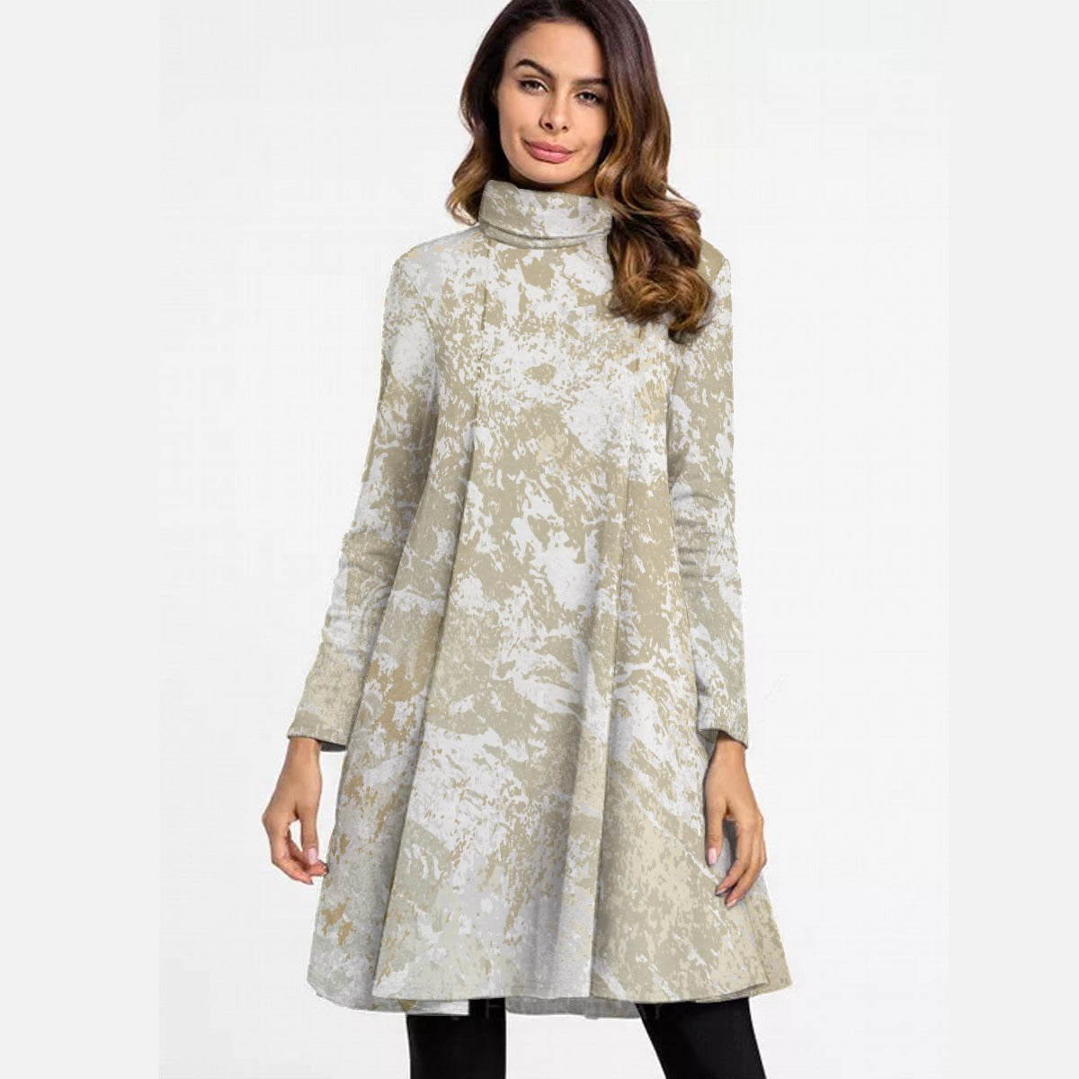 All-Over Print Women's High Neck Dress With Long Sleeve