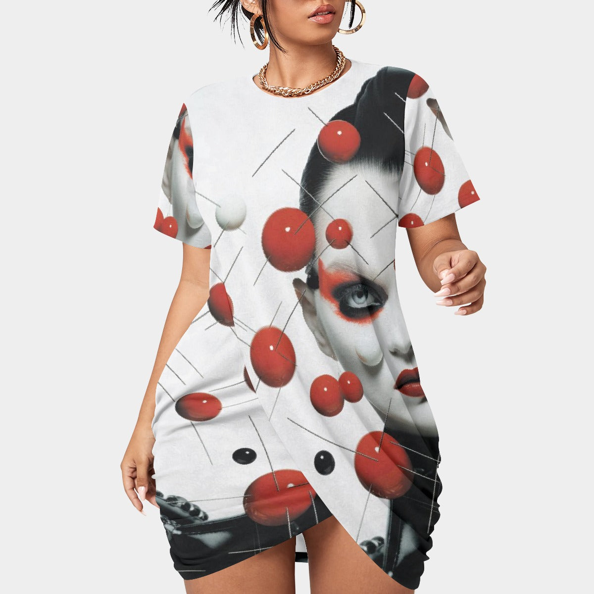 All-Over Print Women’s Stacked Hem Dress With Short Sleeve（Plus Size）