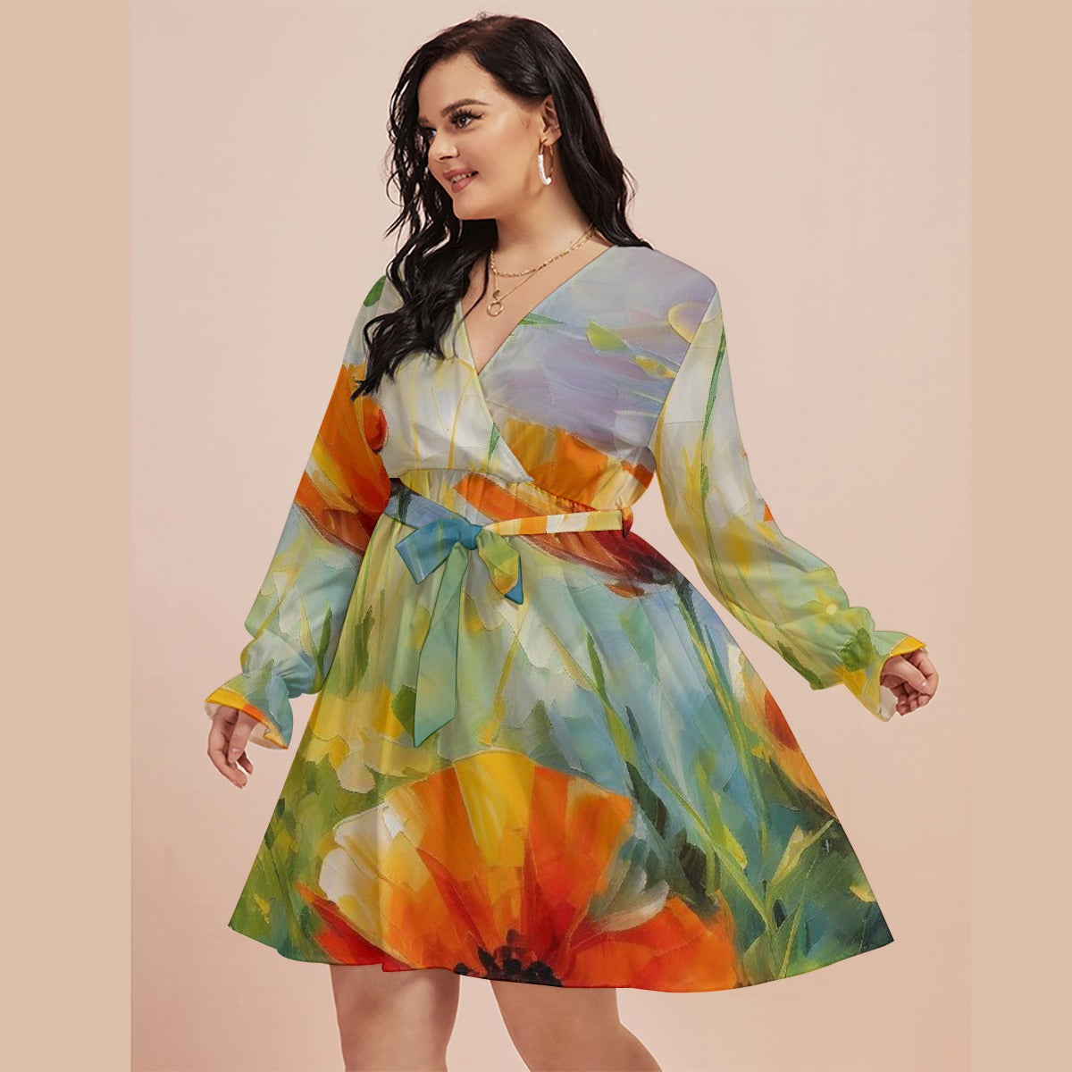 All-Over Print Women's V-neck Dress With Waistband(Plus Size)