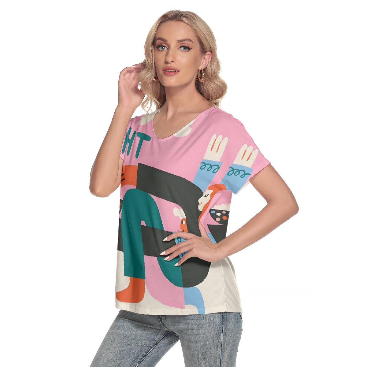 All-Over Print Women's Loose V-neck Short Sleeve T-shirt