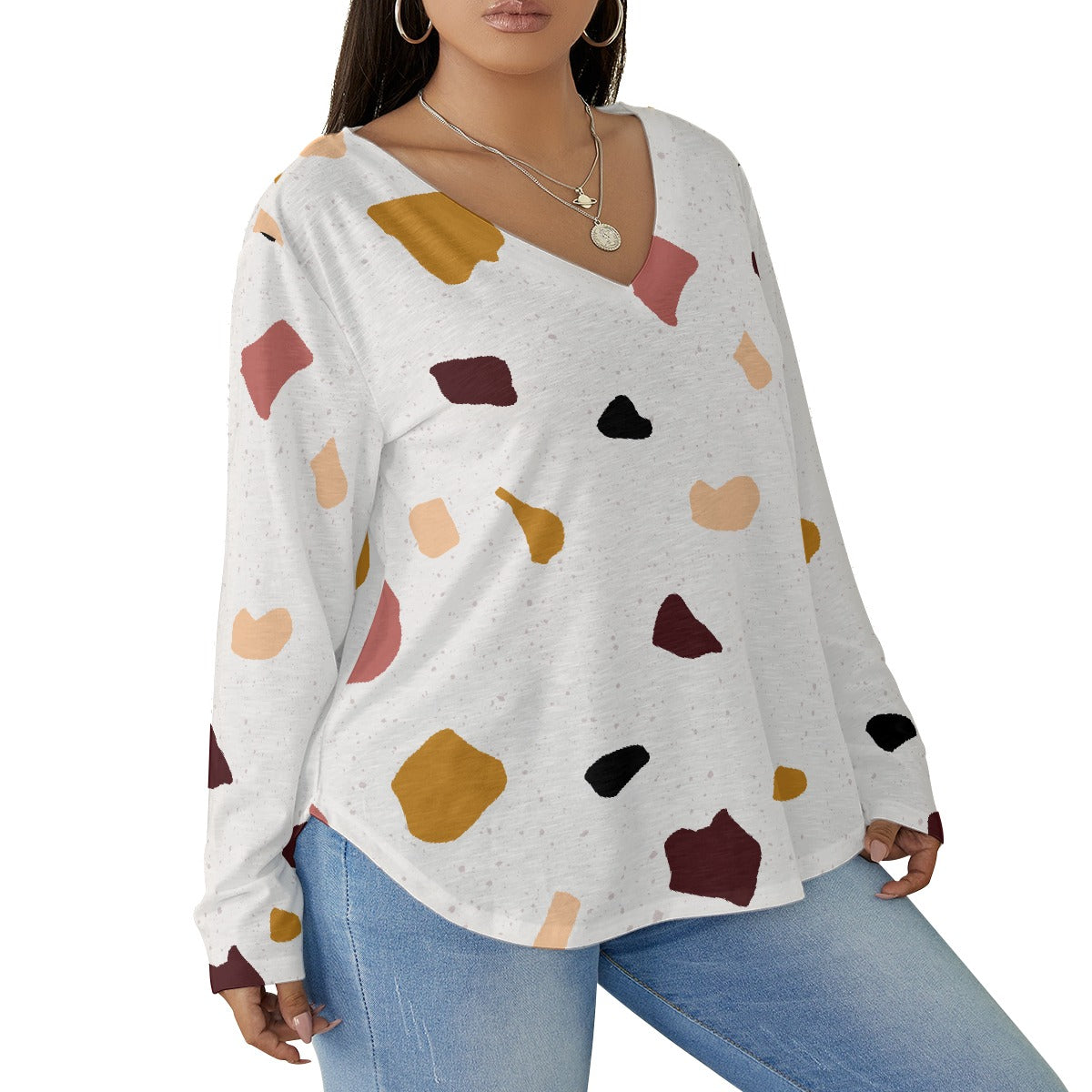 All-Over Print Women's V-neck T-shirt With Curved Hem(Plus Size)