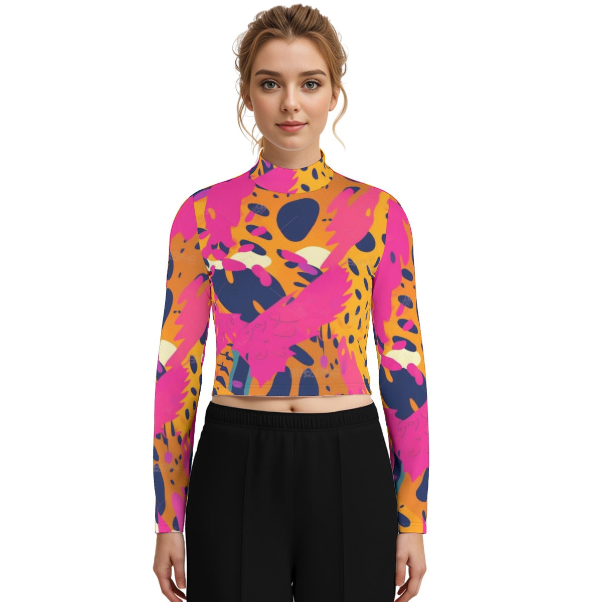 Eco-Friendly All-Over Print Women's Turtleneck T-shirt With Long Sleeve