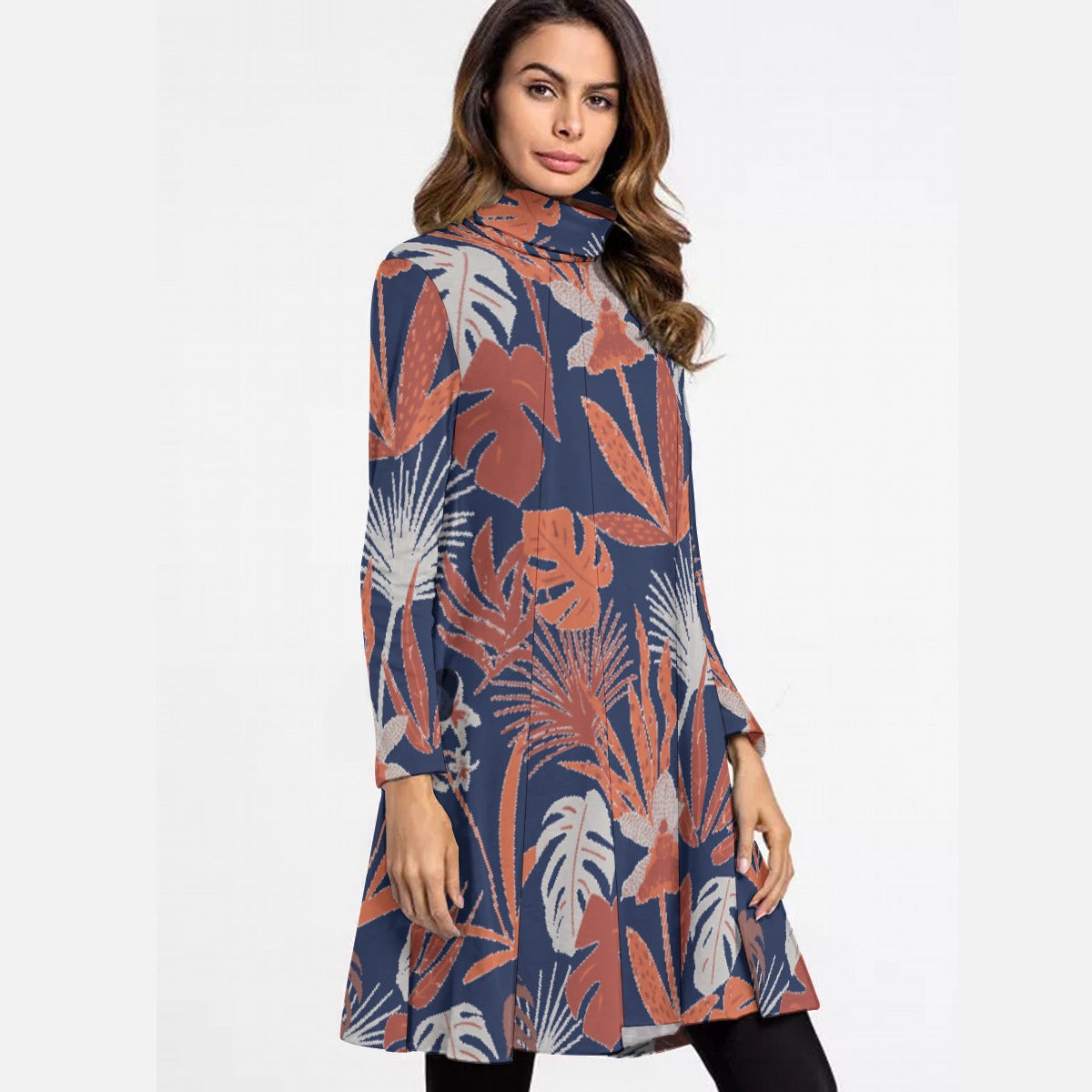 All-Over Print Women's High Neck Dress With Long Sleeve