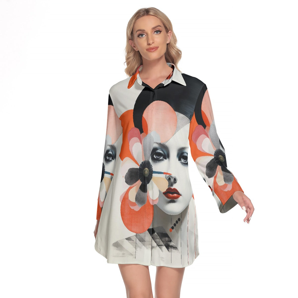 All-Over Print Women's Lapel Shirt Dress With Long Sleeve